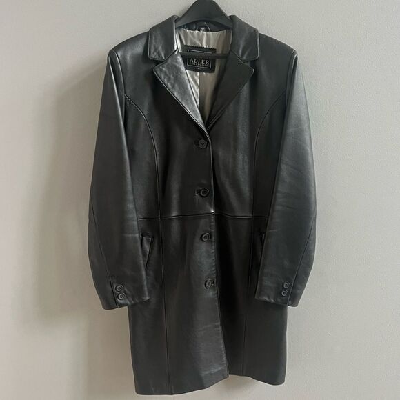Vintage Adler Collection Long Genuine Leather Coat Size Large Black Button Down - Picture 1 of 10